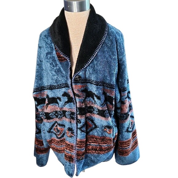 Country Woods Jackets & Blazers - Country Woods Fleece Jacket Size L Blue Southwestern Pattern Horses Button Front